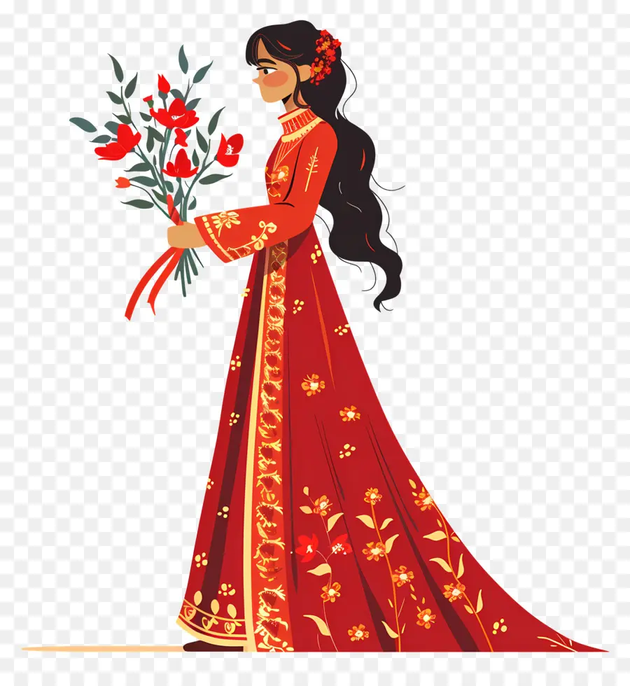 Mariée De Dessin Animé，Femme En Robe Rouge PNG