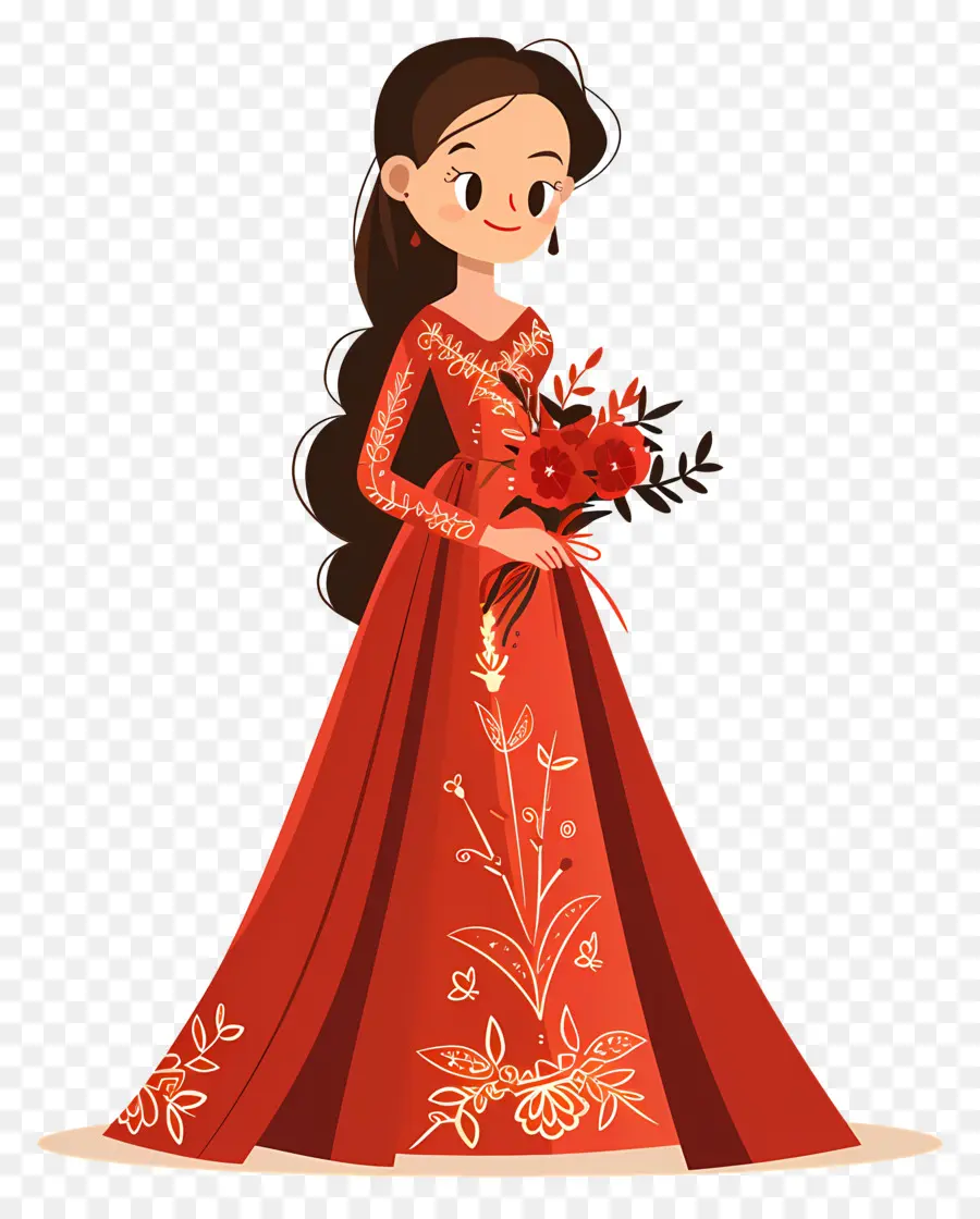 Mariée De Dessin Animé，Fille En Robe Rouge PNG