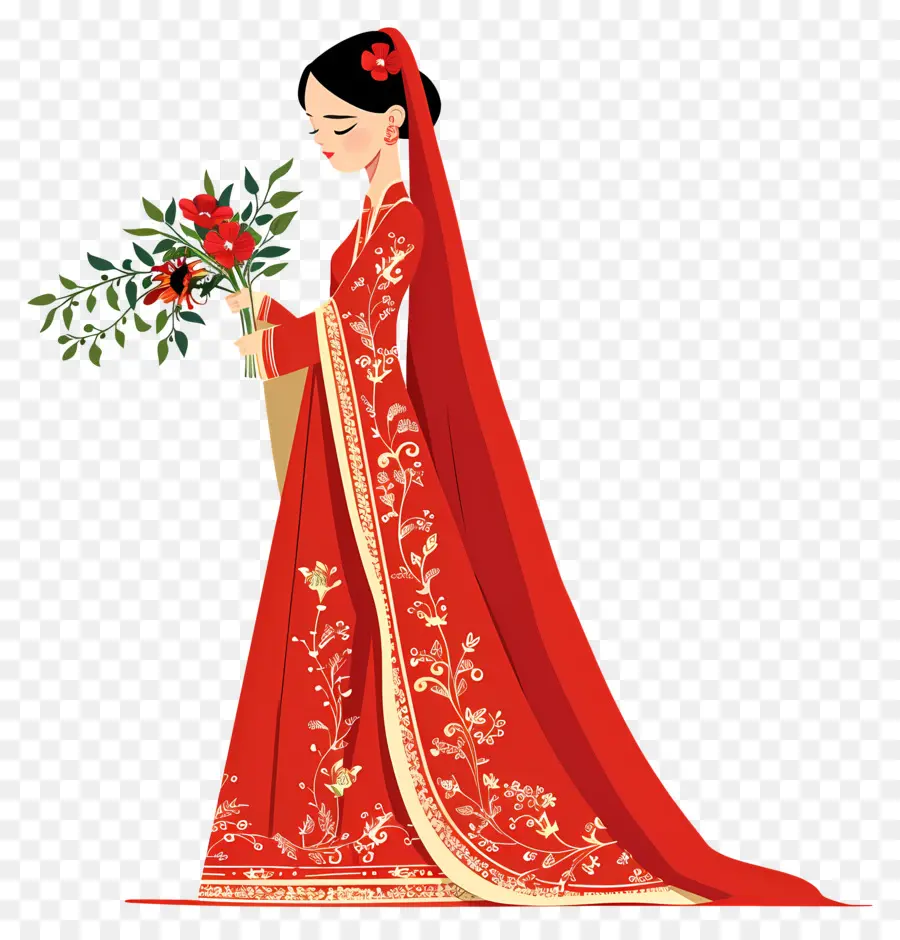 Mariée De Dessin Animé，Femme En Robe Rouge PNG