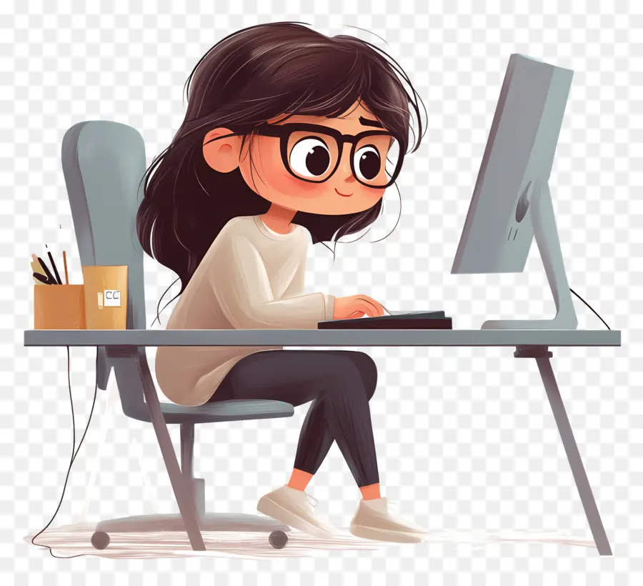 Fille Avec Ordinateur，Fille à Lunettes PNG