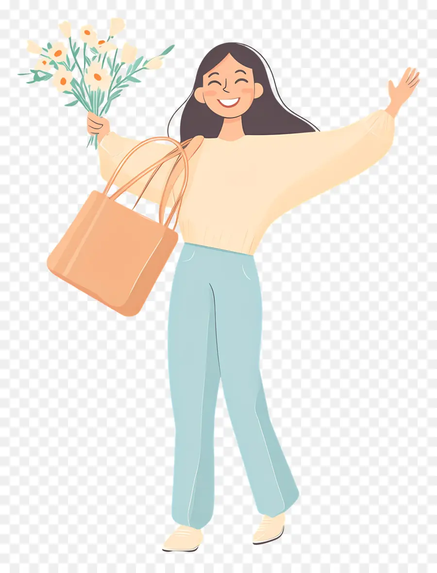 Fille Heureuse，Femme Avec Des Fleurs PNG