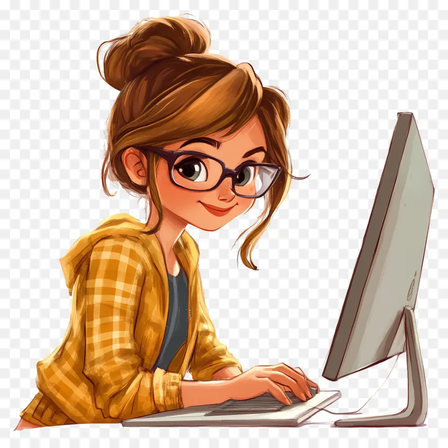 Fille Avec Ordinateur，Fille à Lunettes PNG