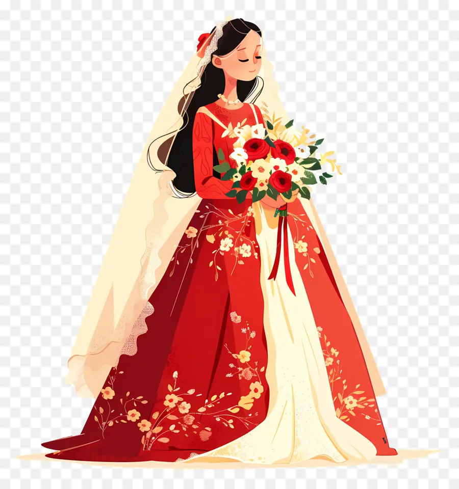 Mariée De Dessin Animé，Mariée En Robe Rouge PNG