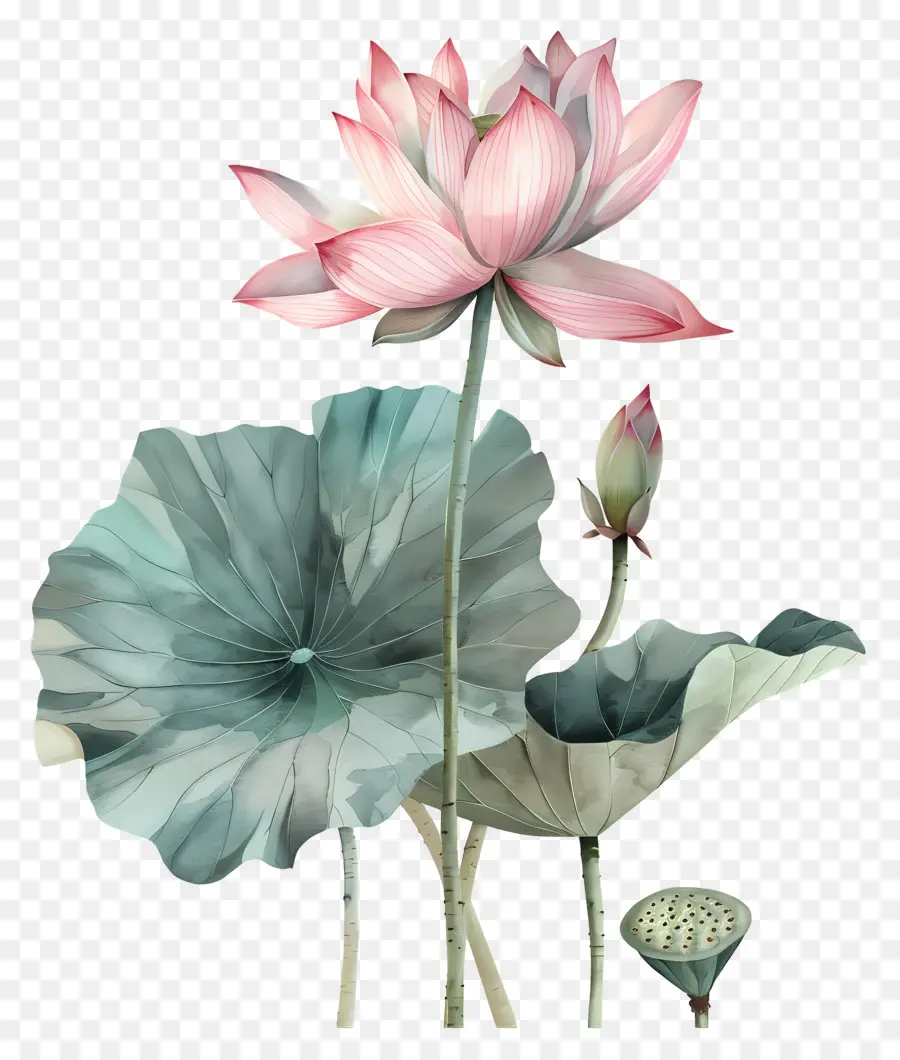 Fleurs De Lotus Roses，Feuilles PNG