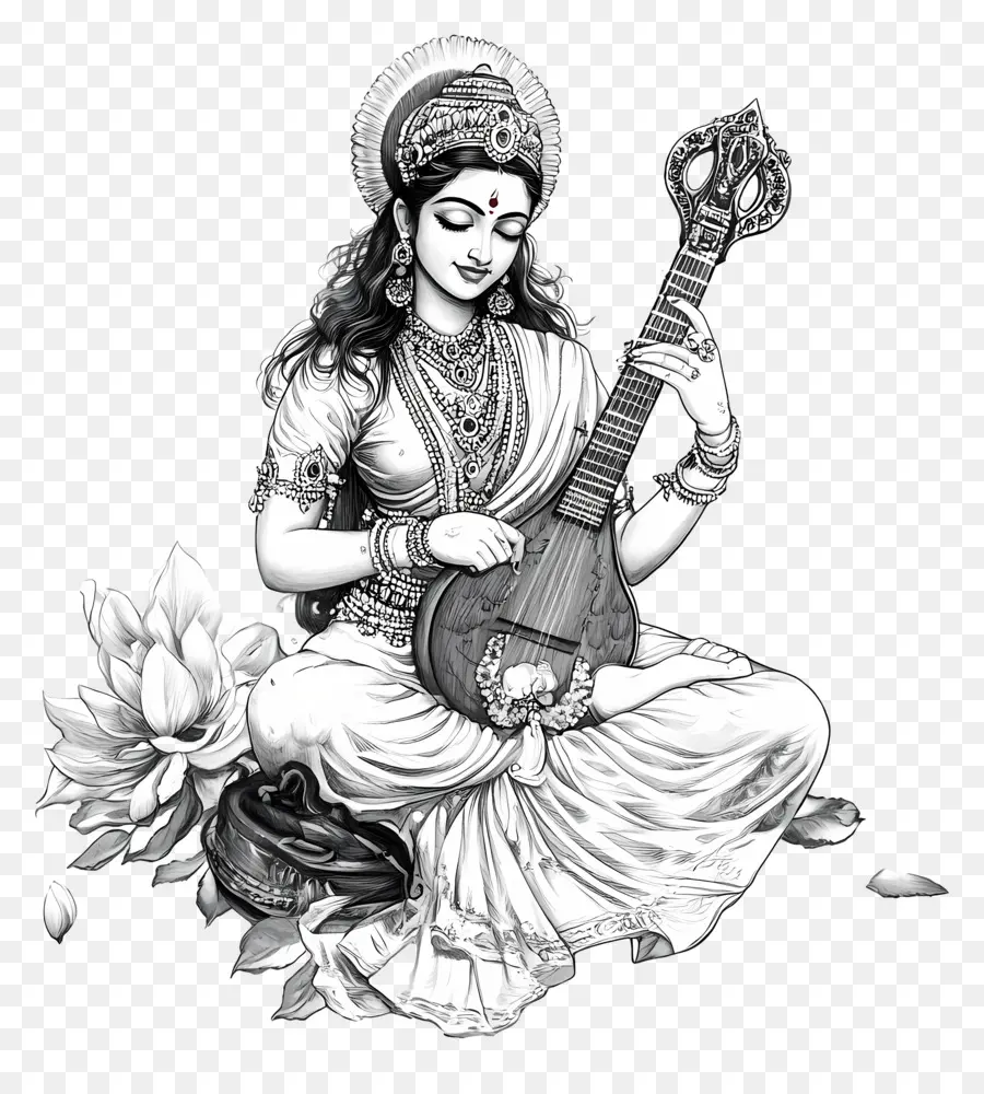 Saraswati，Déesse Jouant Veena PNG