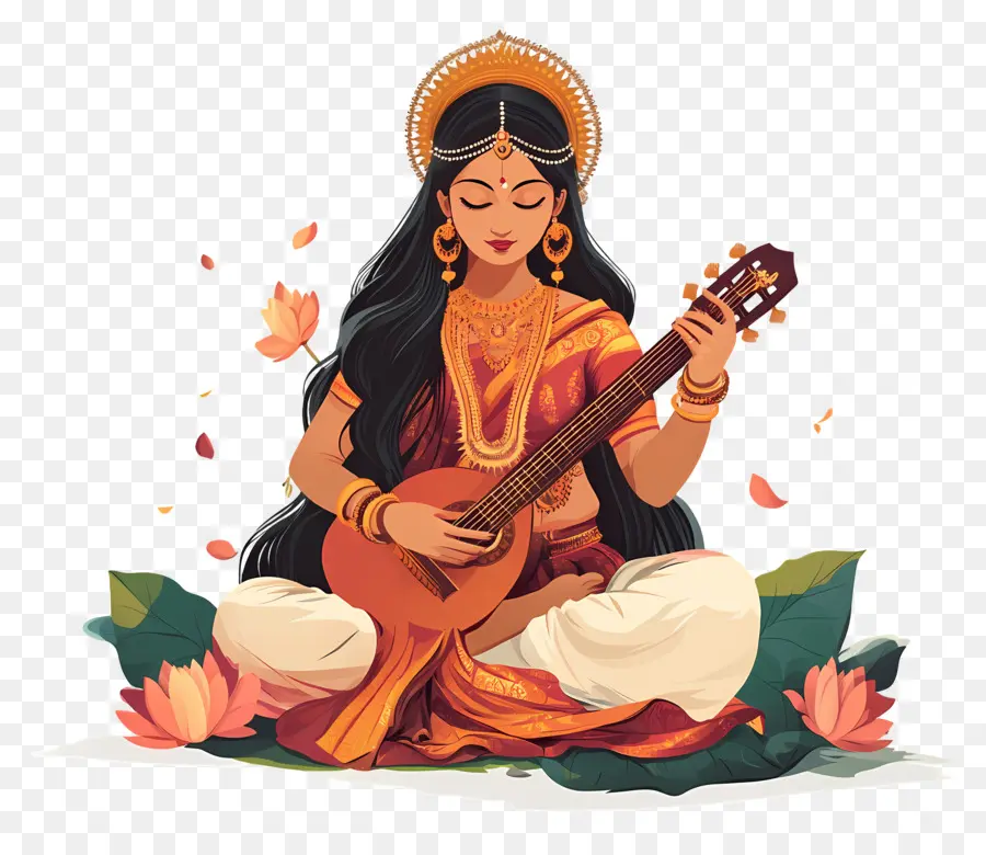 Saraswati，Femme Jouant De La Guitare PNG