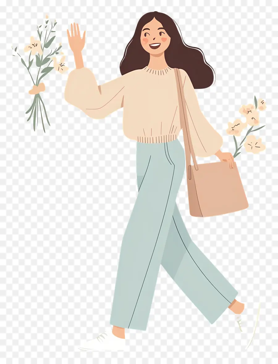 Fille Heureuse，Femme Avec Des Fleurs PNG