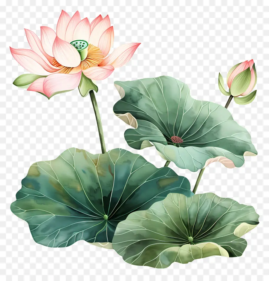 Fleurs De Lotus Roses，Fleur Et Feuille De Lotus PNG