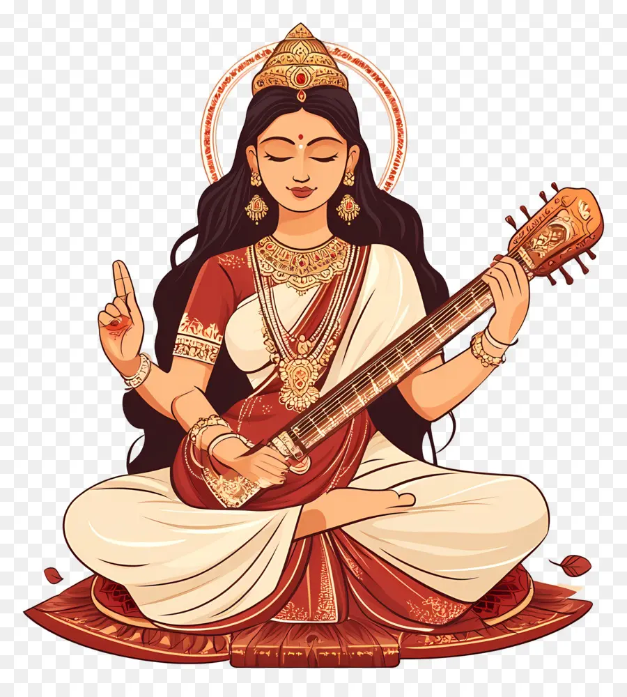 Saraswati，Déesse Avec Instrument De Musique PNG