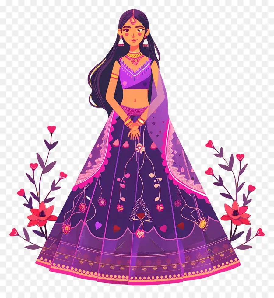 Dessin Animé Femme Indienne，Robe Traditionnelle Violette PNG