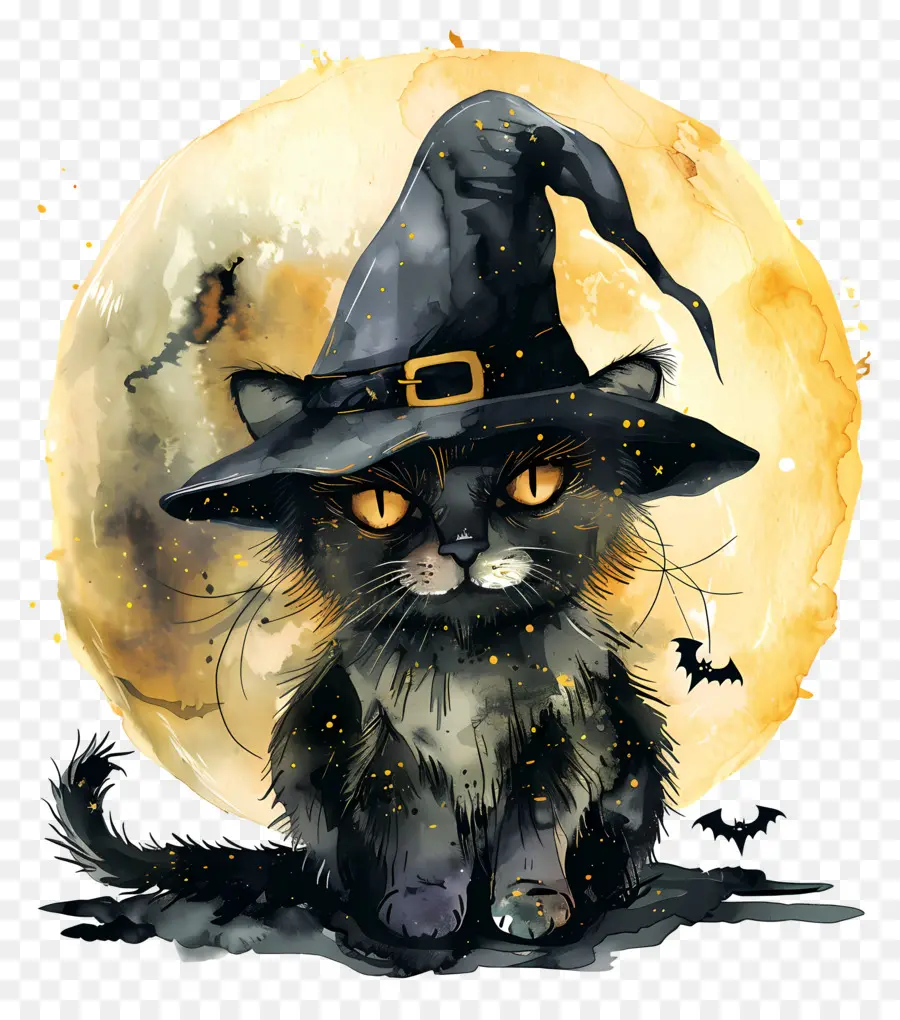 Chat D'halloween，Chat Noir Avec Chapeau De Sorcière PNG