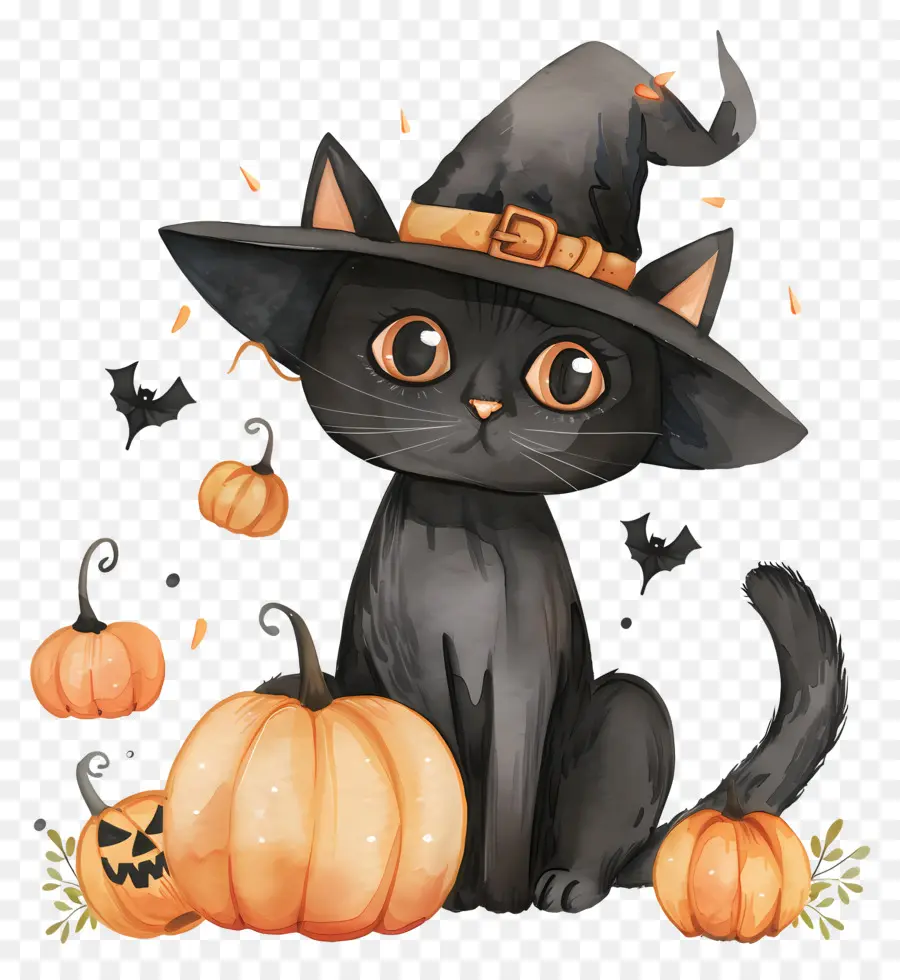 Chat D'halloween，Chat Noir Avec Des Citrouilles PNG