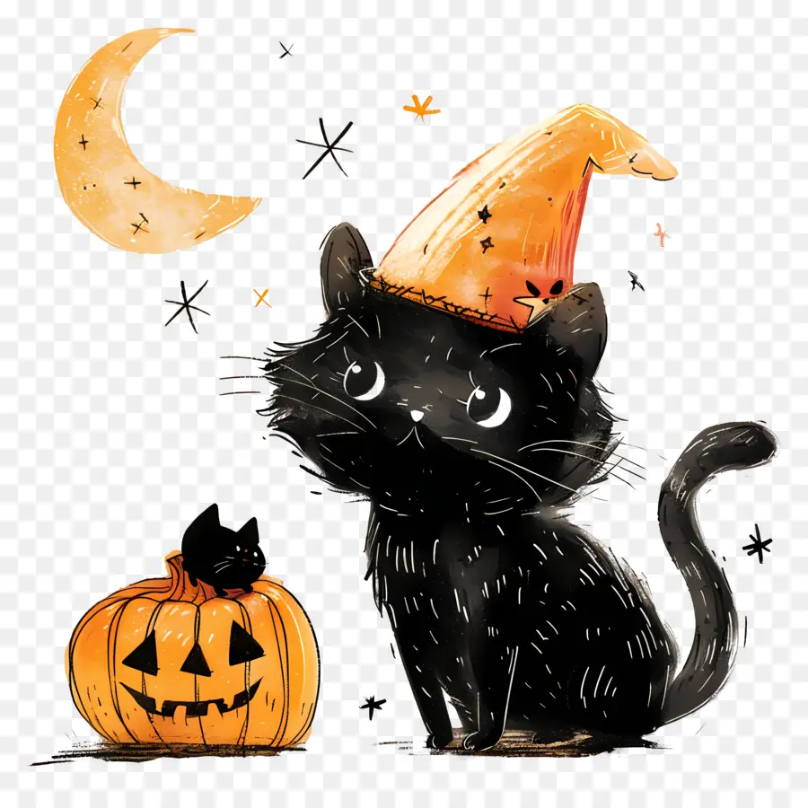 Chat D'halloween，Chat Noir Avec Des Citrouilles PNG