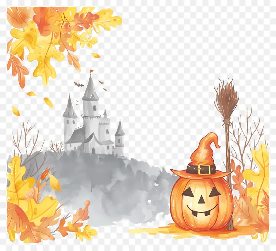 Cadre D'halloween，Citrouille Avec Chapeau De Sorcière PNG