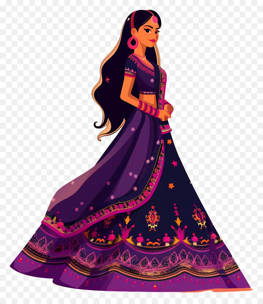 Dessin Animé Femme Indienne，Robe Traditionnelle Violette PNG