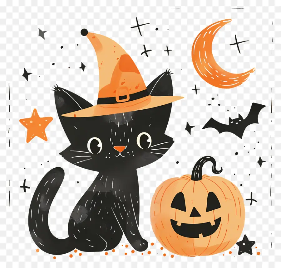 Chat D'halloween，Chat Noir Avec Des Citrouilles PNG