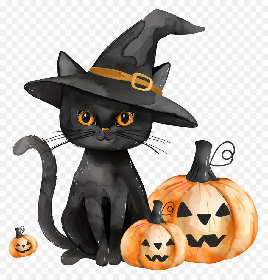 Chat D'halloween，Chat Noir Avec Des Citrouilles PNG