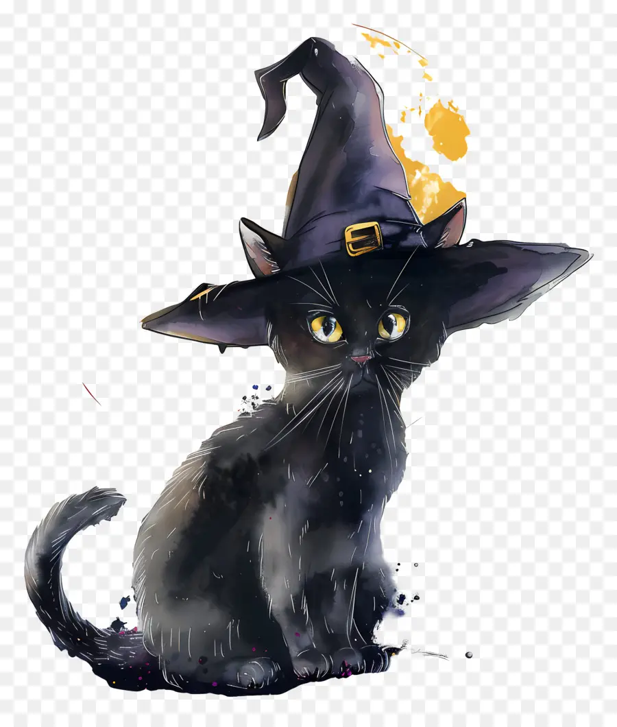 Chat D'halloween，Chat Noir Avec Chapeau De Sorcière PNG