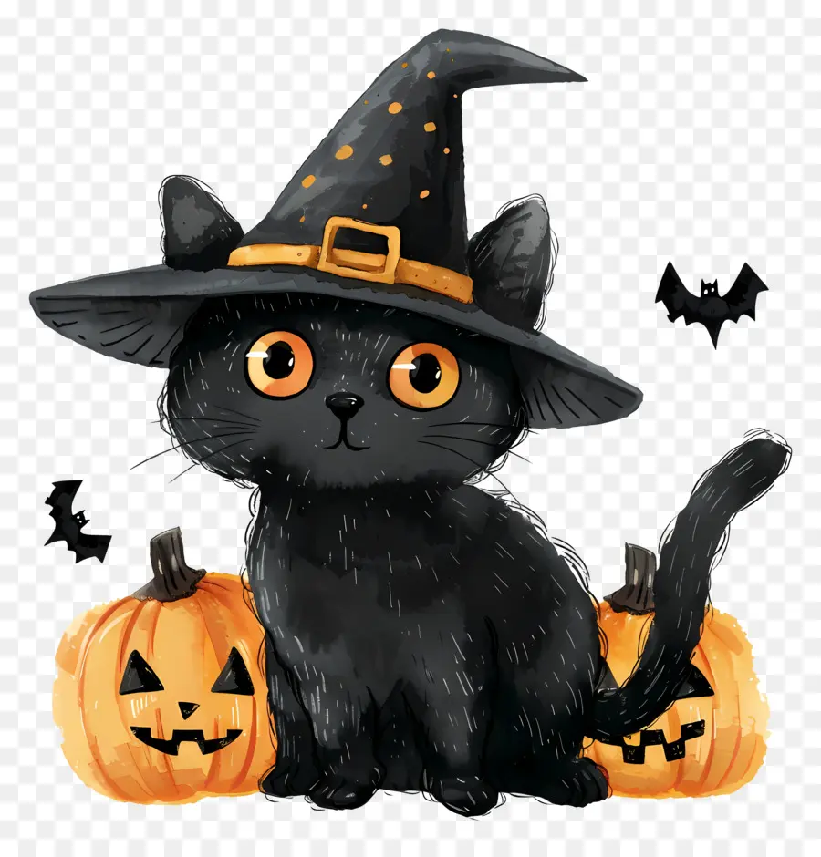 Chat D'halloween，Chat Noir Avec Des Citrouilles PNG