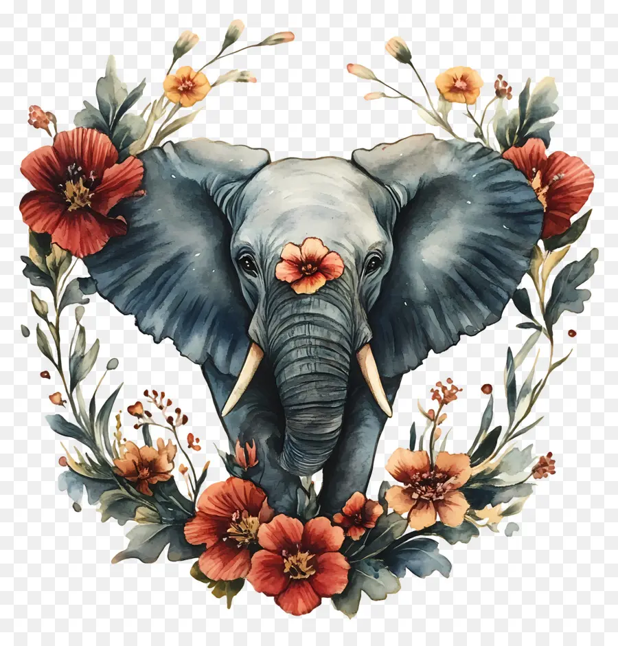 Éléphant Aquarelle，Éléphant Avec Des Fleurs PNG