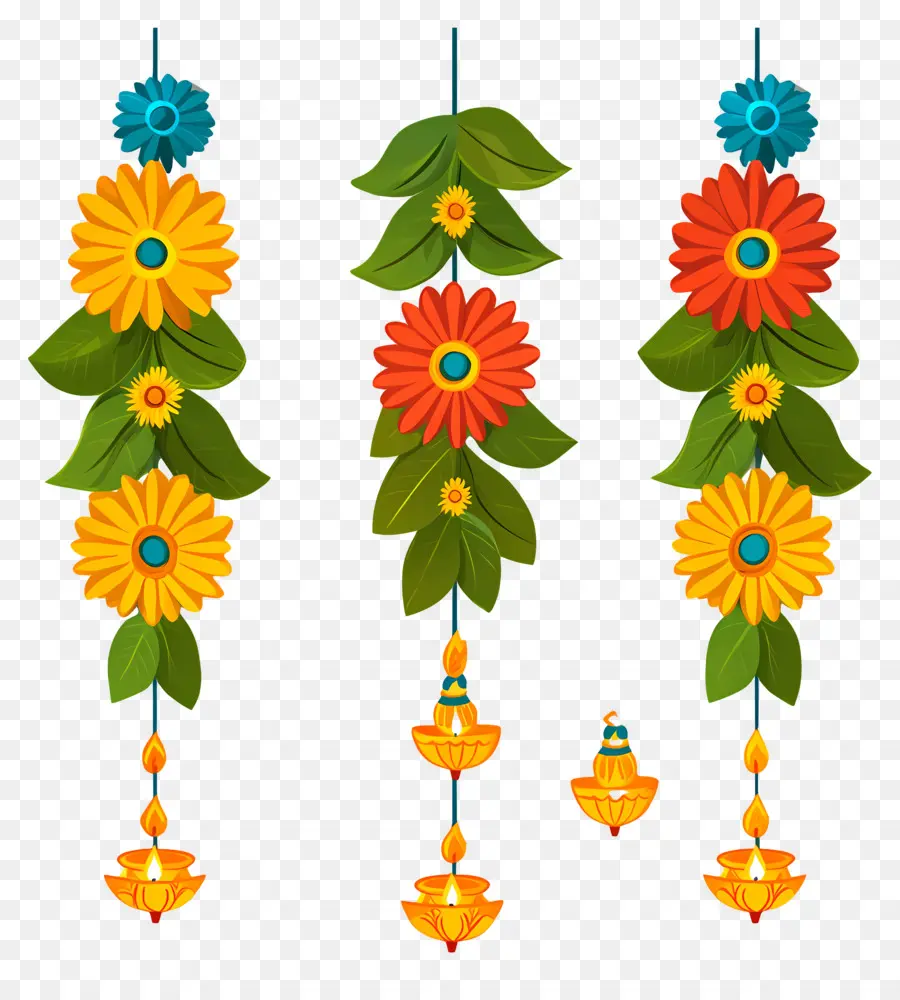 Guirlande De Soucis De Diwali，Fleurs Suspendues Et Lampes à Huile PNG