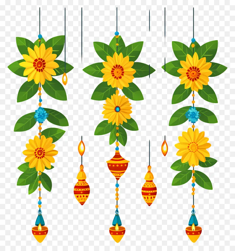 Guirlande De Soucis De Diwali，Fleurs Suspendues Et Lampes à Huile PNG