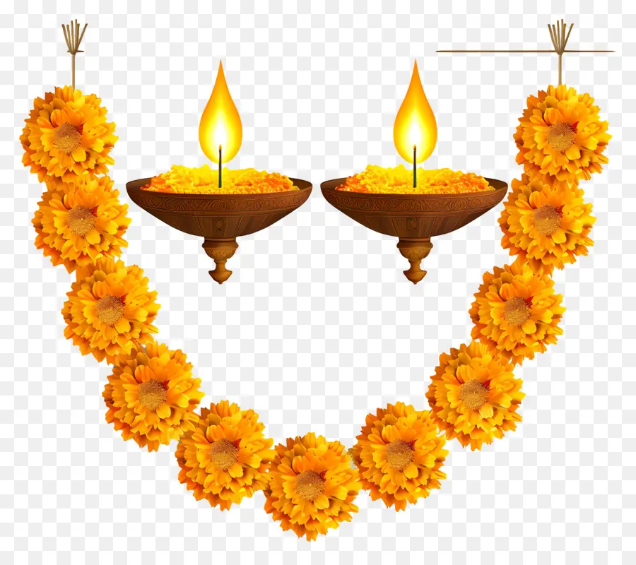 Guirlande De Soucis De Diwali，Guirlande Et Lampe De Fleurs Jaunes PNG