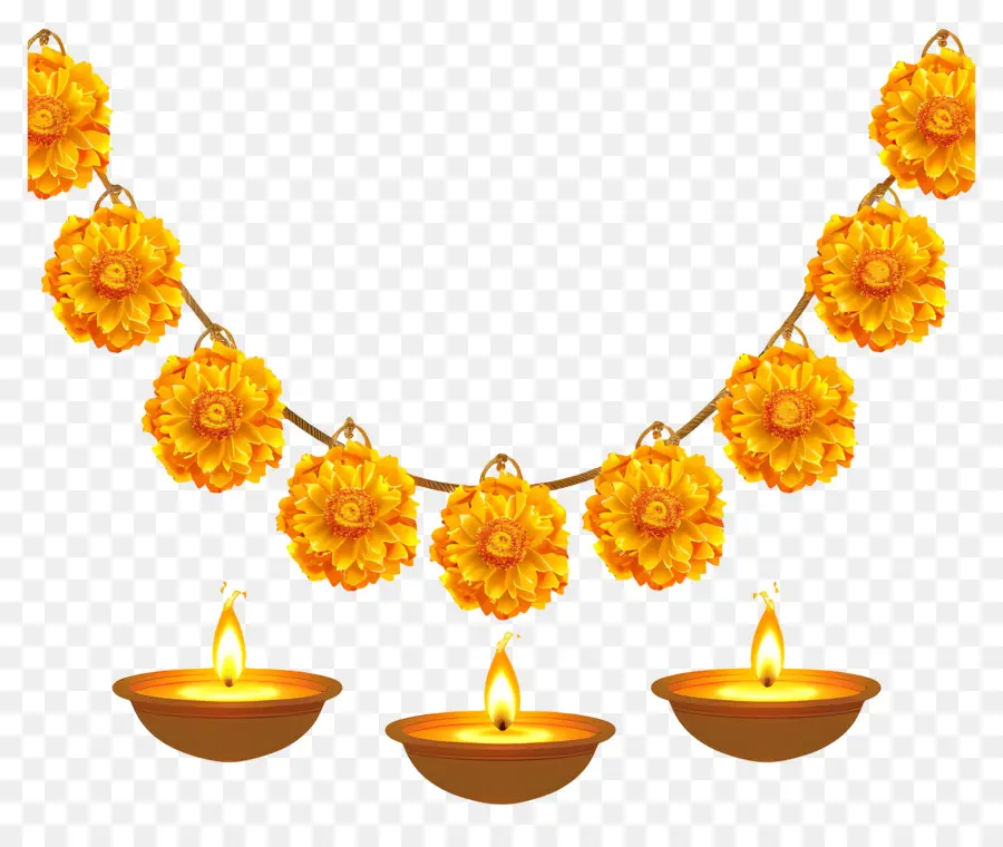 Guirlande De Soucis De Diwali，Lampes à Huile Et Fleurs De Souci PNG