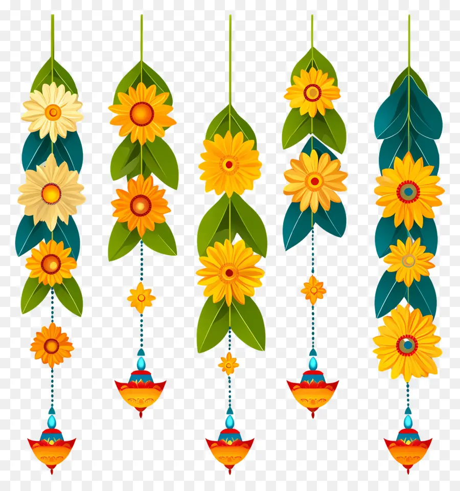 Guirlande De Soucis De Diwali，Lanternes Avec Des Fleurs PNG