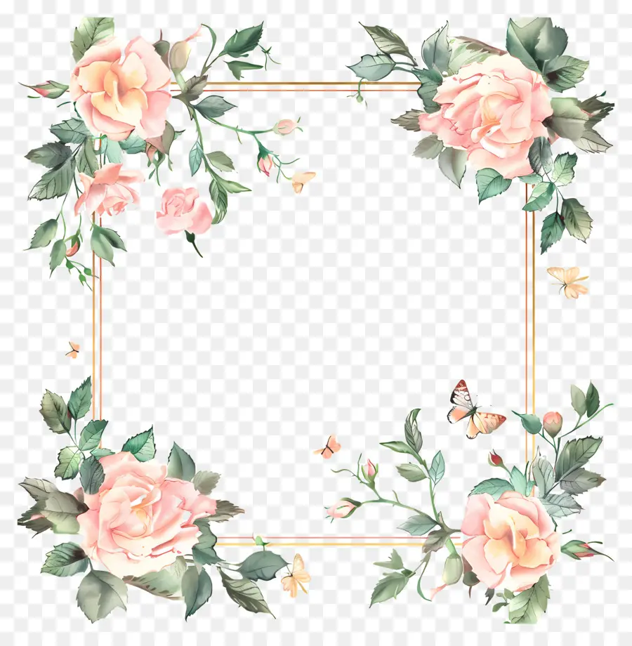 Cadre Rectangulaire，Fleurs Roses PNG