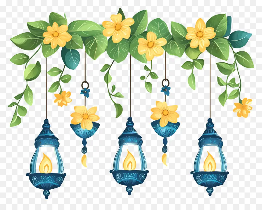 Guirlande De Soucis De Diwali，Lanternes Avec Des Fleurs PNG