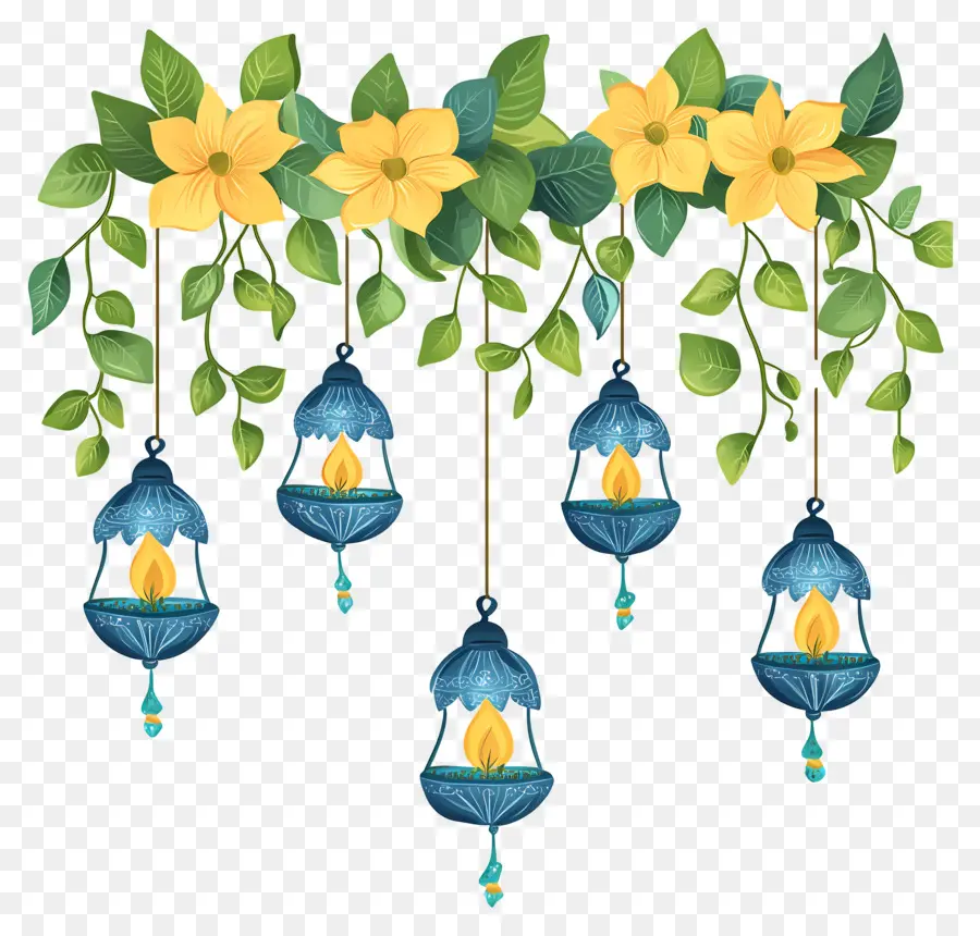 Guirlande De Soucis De Diwali，Lanternes Et Fleurs Suspendues PNG