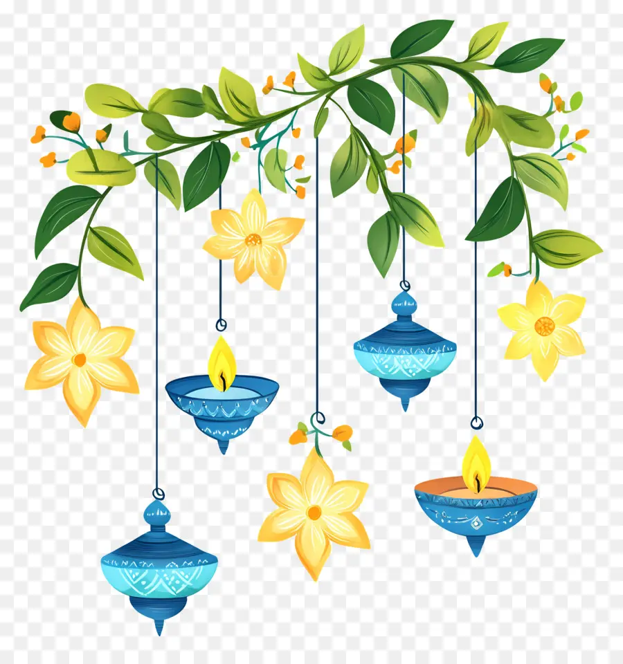 Guirlande De Soucis De Diwali，Lampes Suspendues Et Fleurs PNG