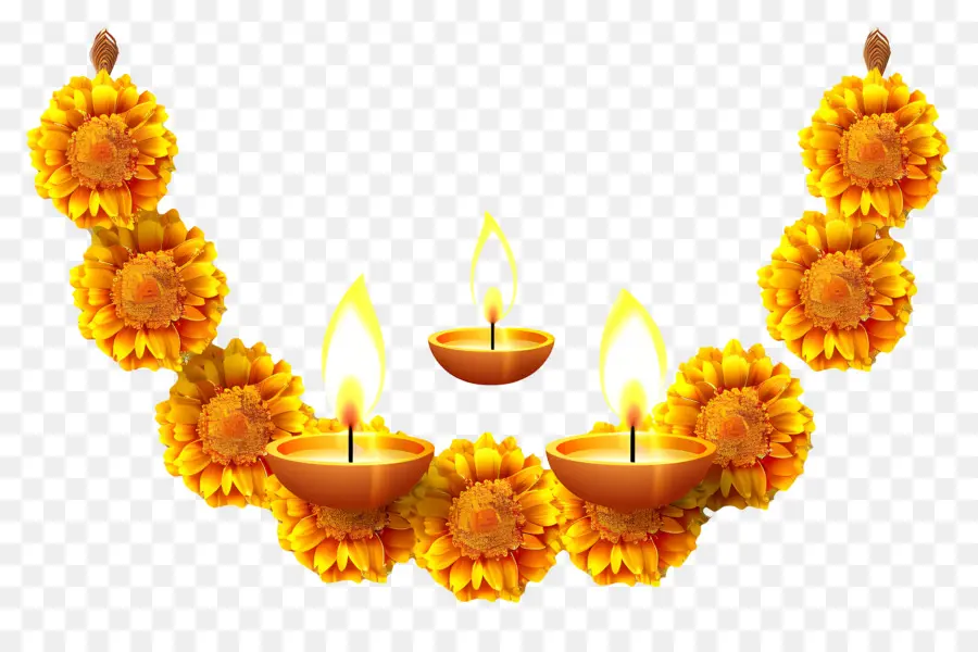 Guirlande De Soucis De Diwali，Lampes à Huile Et Fleurs De Souci PNG