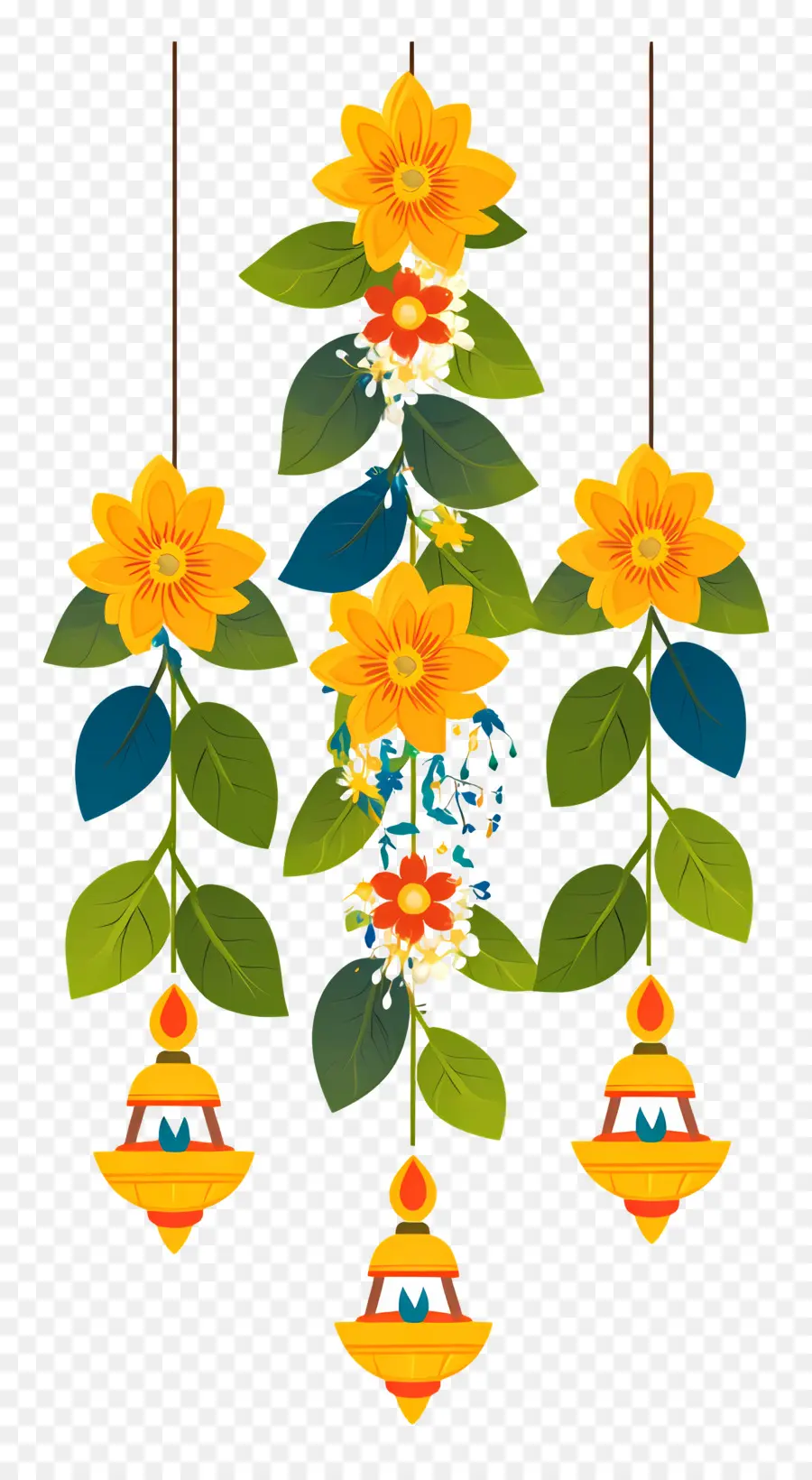 Guirlande De Soucis De Diwali，Fleurs Suspendues Et Lampes à Huile PNG