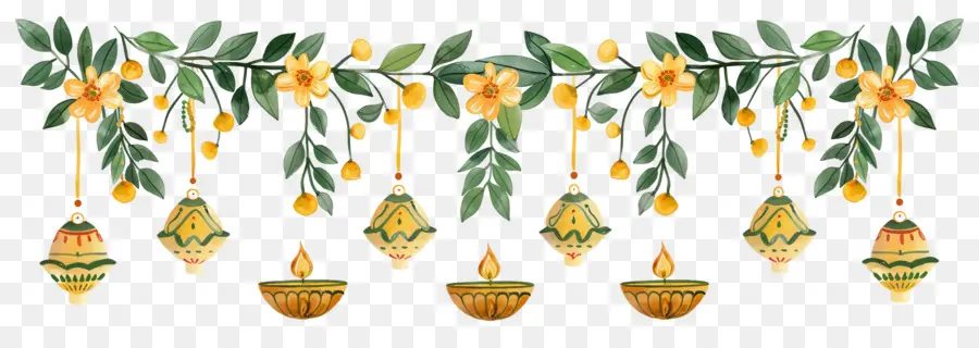 Guirlande De Soucis De Diwali，Lampes Suspendues Et Fleurs PNG