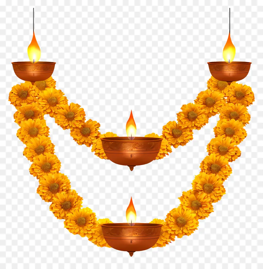 Guirlande De Soucis De Diwali，Guirlande De Fleurs Jaunes Et Lampe PNG