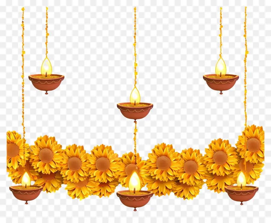 Guirlande De Soucis De Diwali，Diyas Avec Des Fleurs PNG