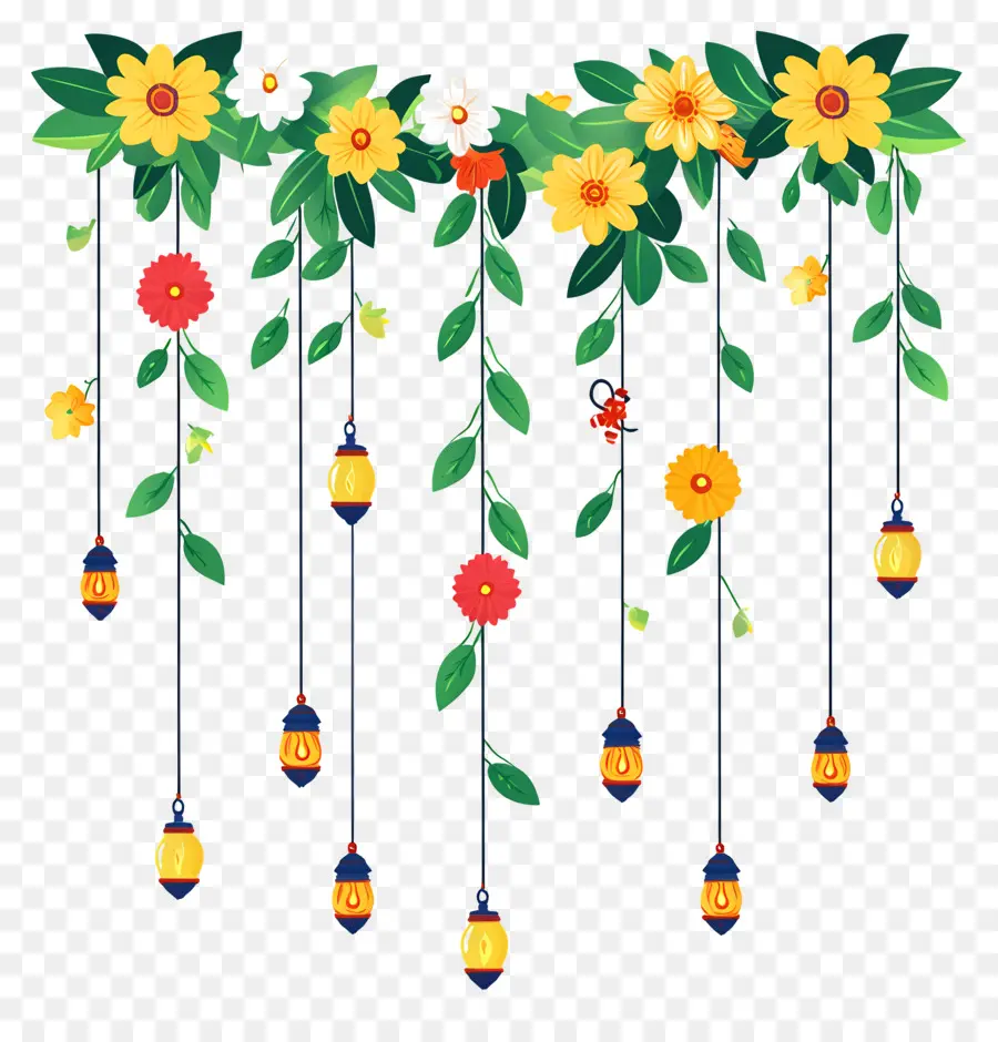 Guirlande De Soucis De Diwali，Lanternes Avec Des Fleurs PNG