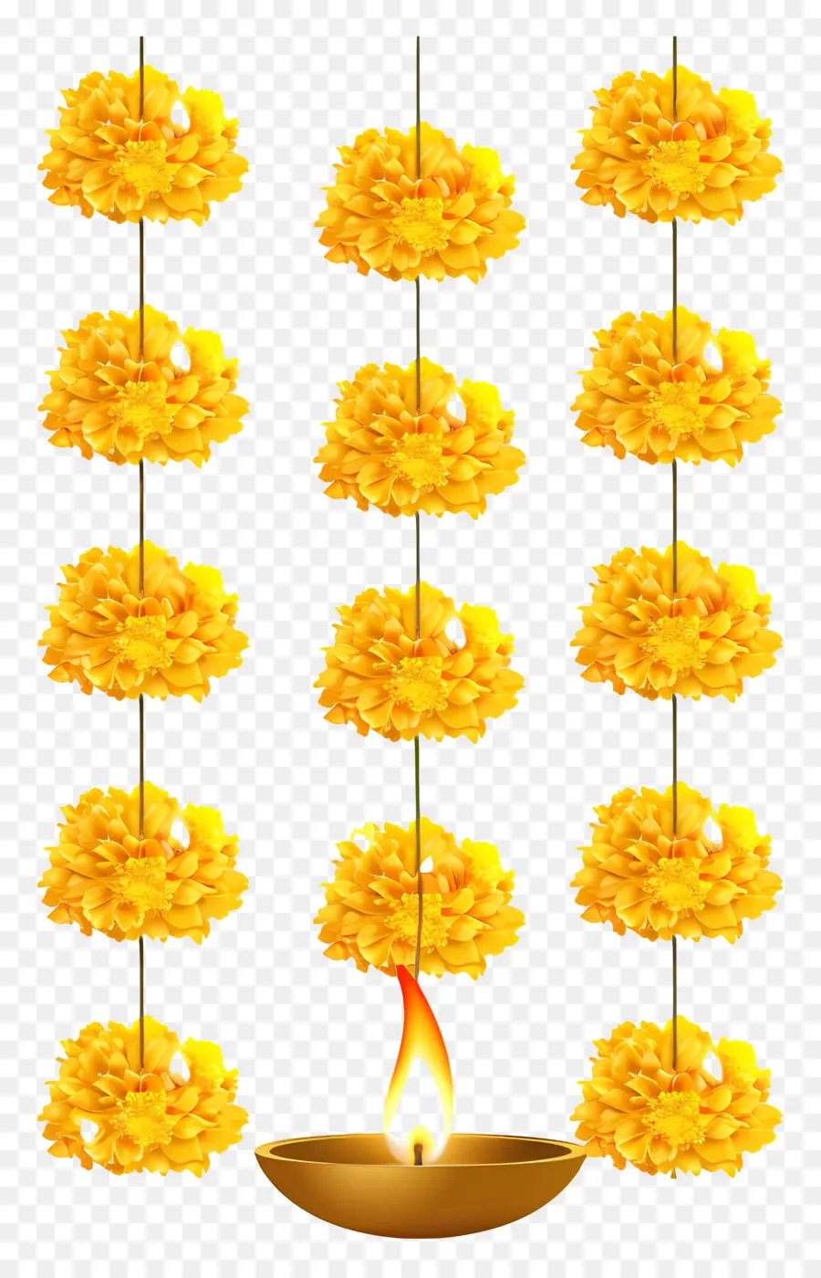 Guirlande De Soucis De Diwali，Guirlande Et Lampe De Fleurs Jaunes PNG