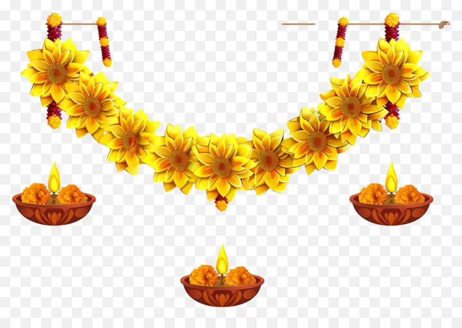 Guirlande De Soucis De Diwali，Lampes à Huile Et Fleurs De Souci PNG