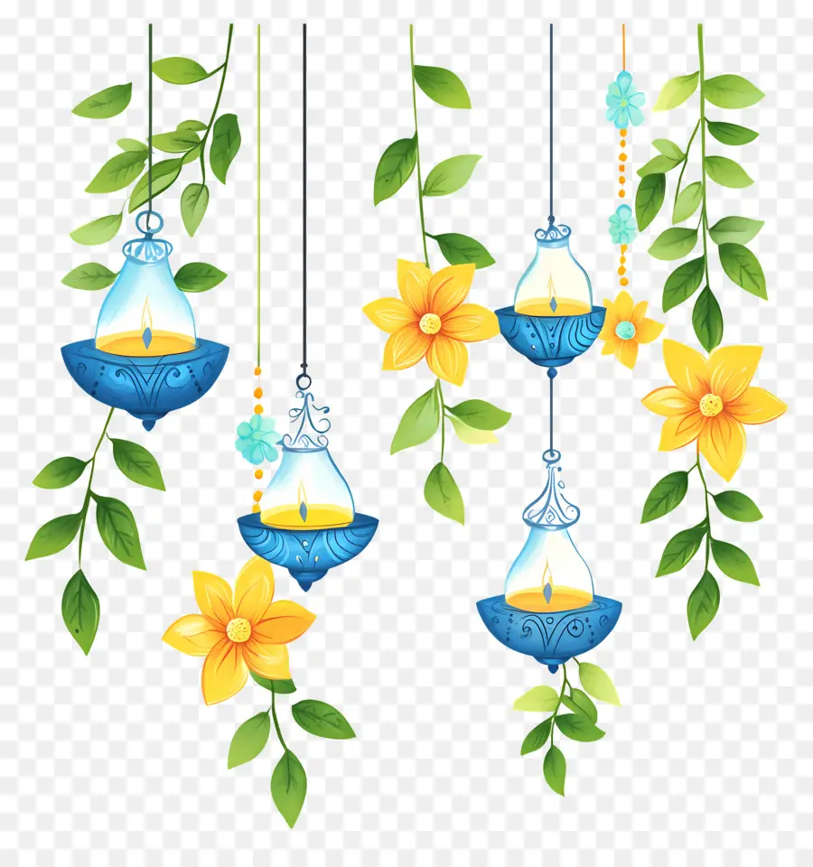 Guirlande De Soucis De Diwali，Lanternes Et Fleurs Suspendues PNG