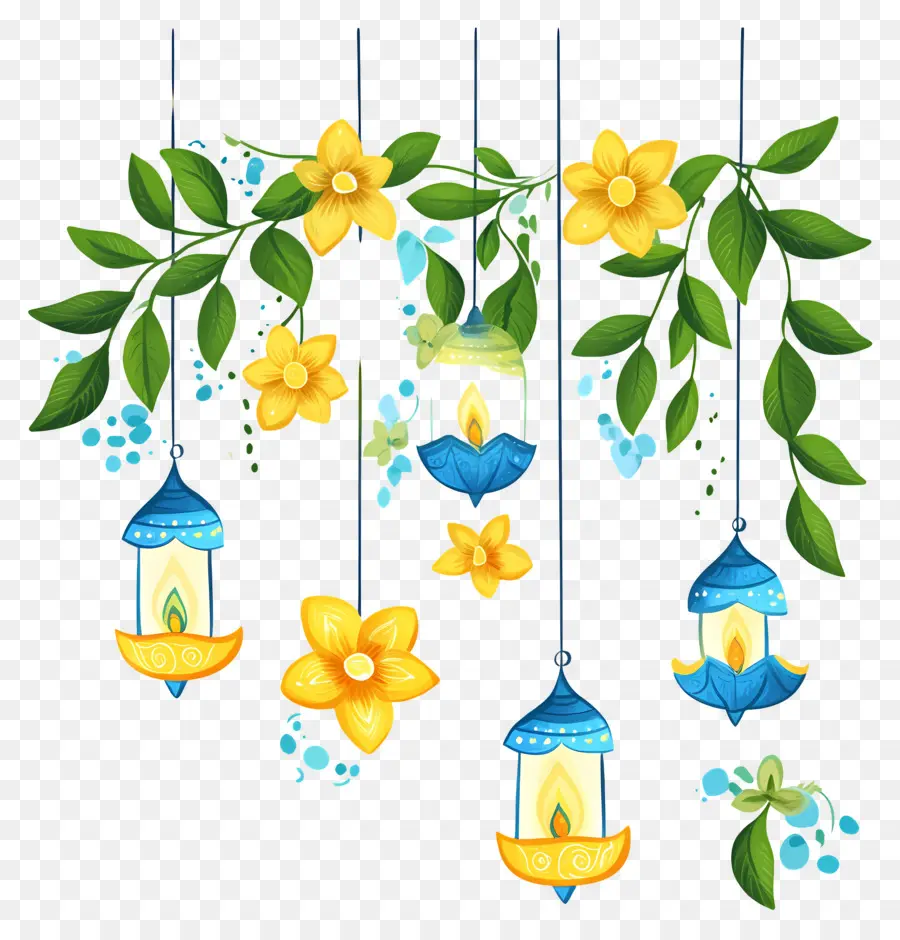 Guirlande De Soucis De Diwali，Lanternes Et Fleurs Suspendues PNG