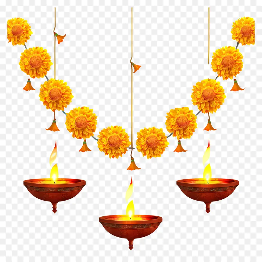 Guirlande De Soucis De Diwali，Guirlande Et Lampe De Fleurs Jaunes PNG