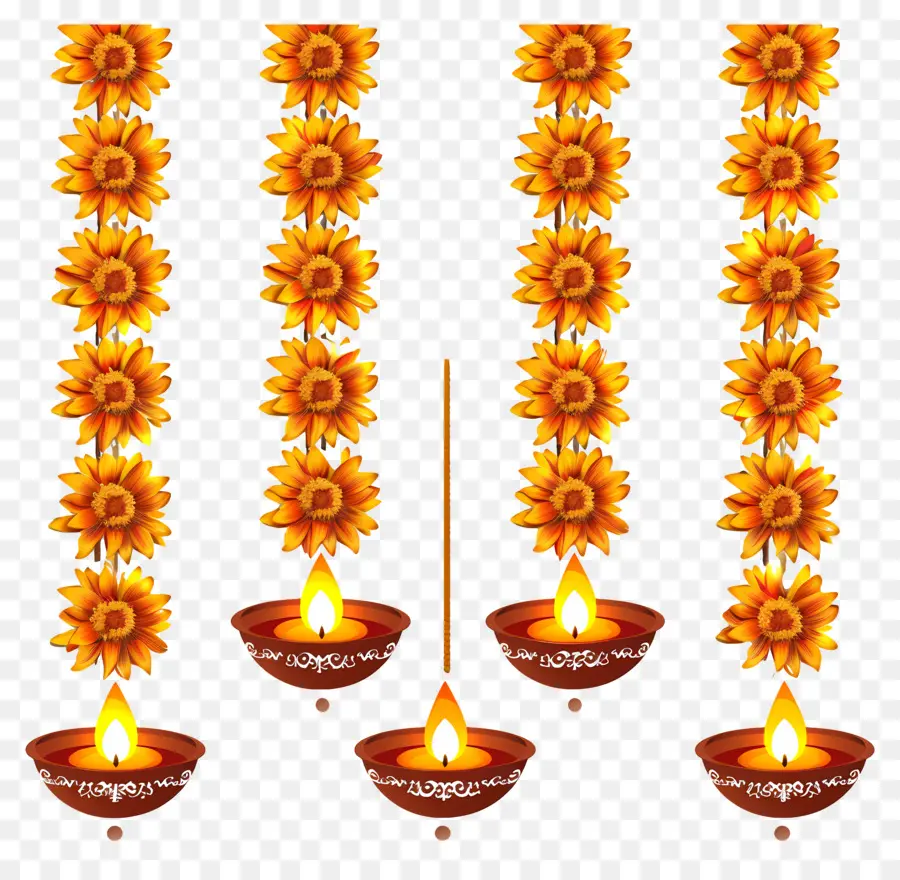 Guirlande De Soucis De Diwali，Lampes à Huile Suspendues Et Fleurs De Souci PNG