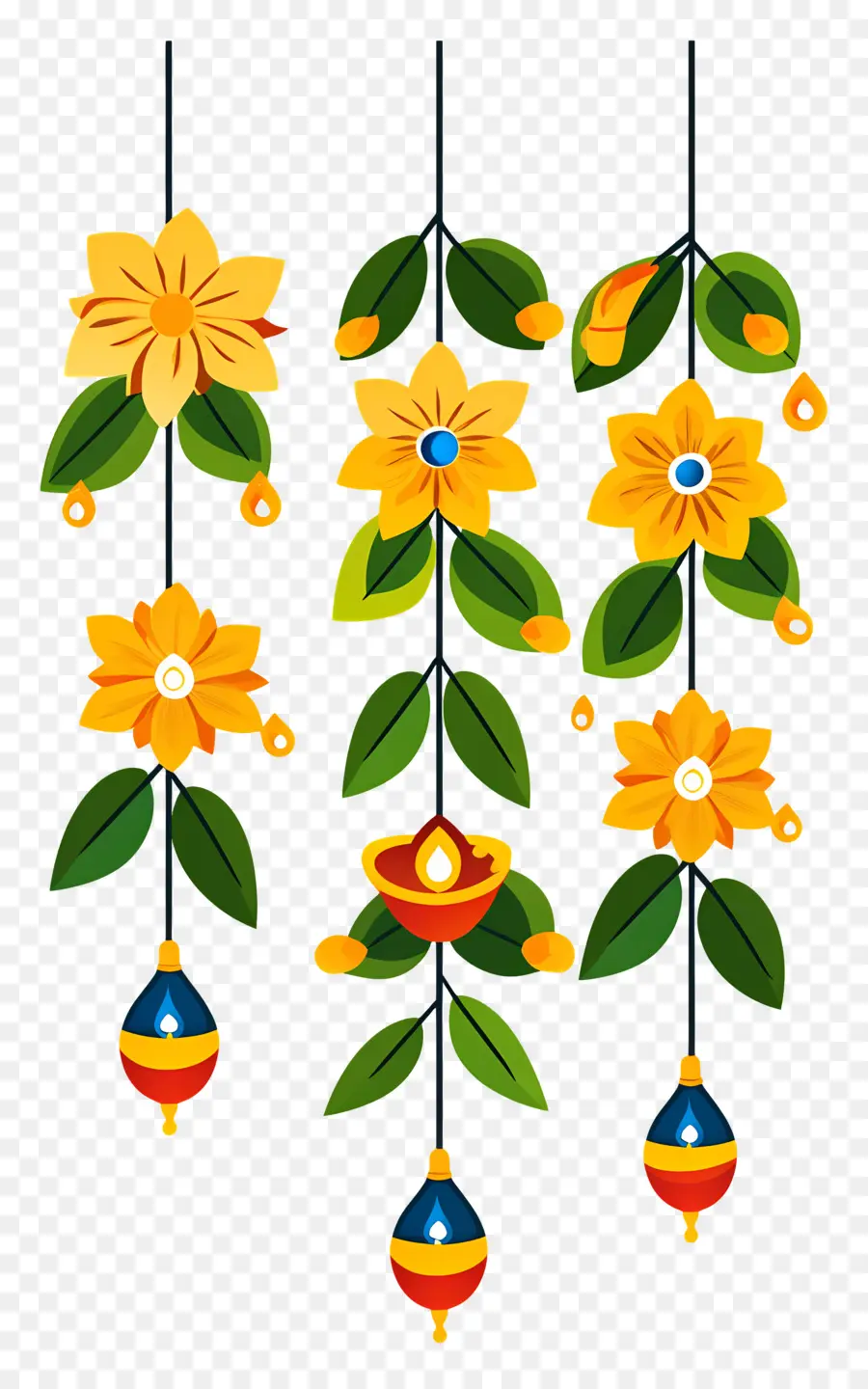 Guirlande De Soucis De Diwali，Fleurs Suspendues Et Lampes à Huile PNG