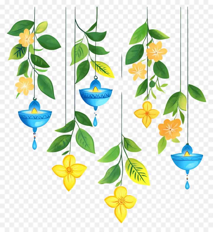 Guirlande De Soucis De Diwali，Lanternes Et Fleurs Suspendues PNG