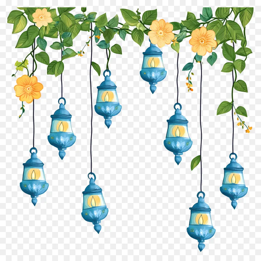 Guirlande De Soucis De Diwali，Lanternes Et Fleurs Suspendues PNG