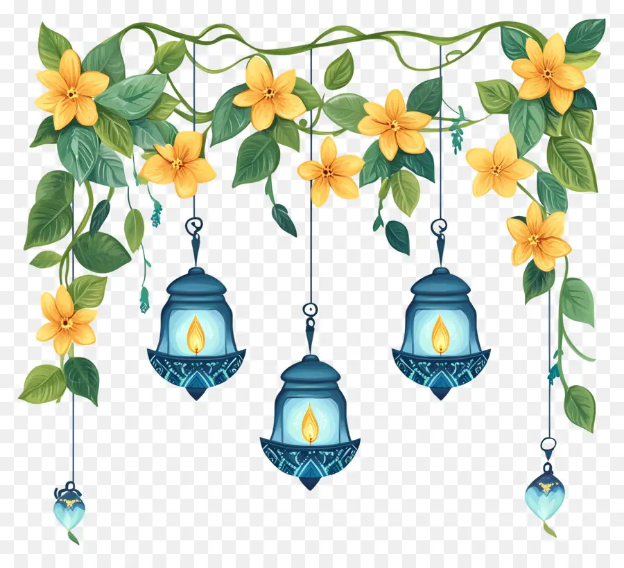 Guirlande De Soucis De Diwali，Lanternes Et Fleurs Suspendues PNG