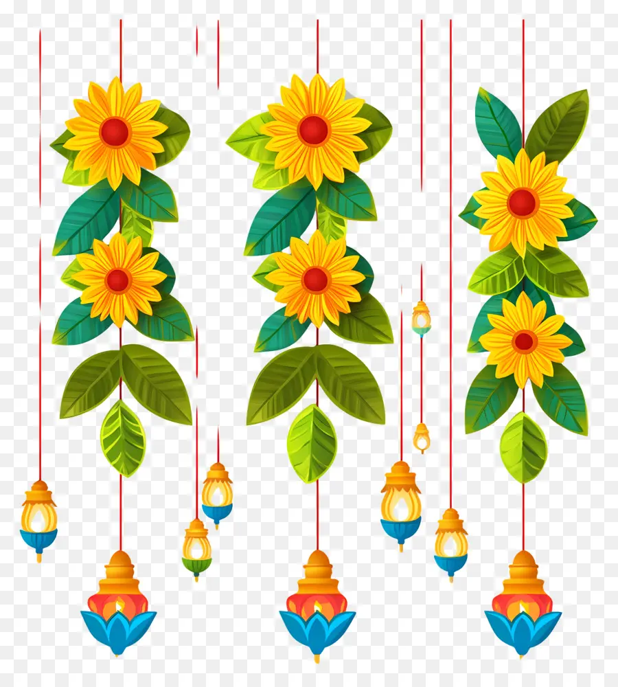 Guirlande De Soucis De Diwali，Lanternes Avec Des Fleurs PNG